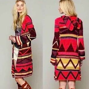 Free People Red Lima Aztec Hooded Duster/Cardigan. Size XS